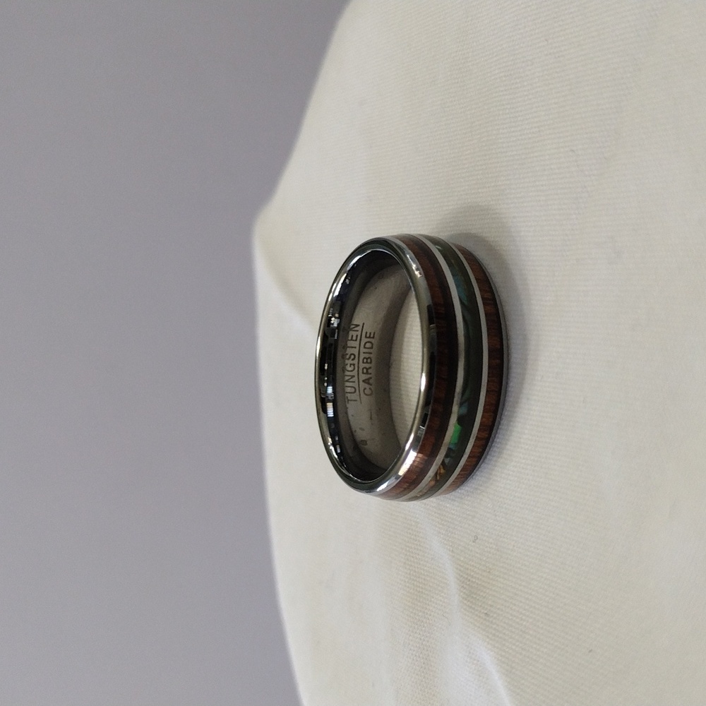 Tungsten Carbide Hawaiian Koa Wood and Abalone Shell Wedding Band Ring Size 9.5